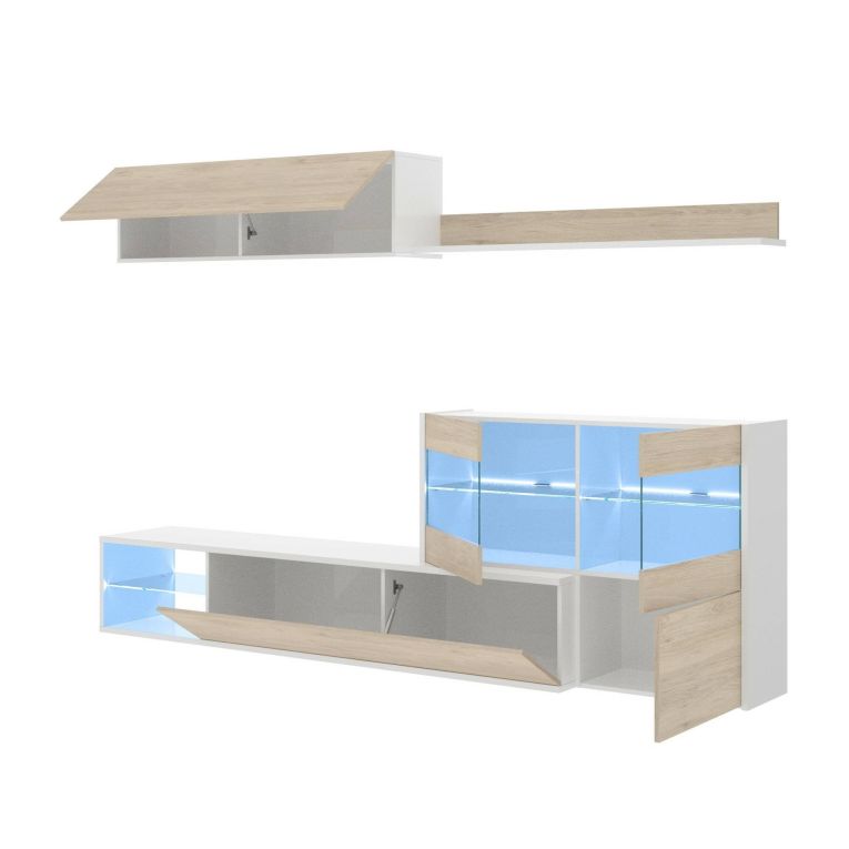 Parete attrezzata Adams, Set da soggiorno modulare ad angolo, Mobile salotto multiposizione con luce LED, 260x41h180 cm, Rovere e Bianco lucido