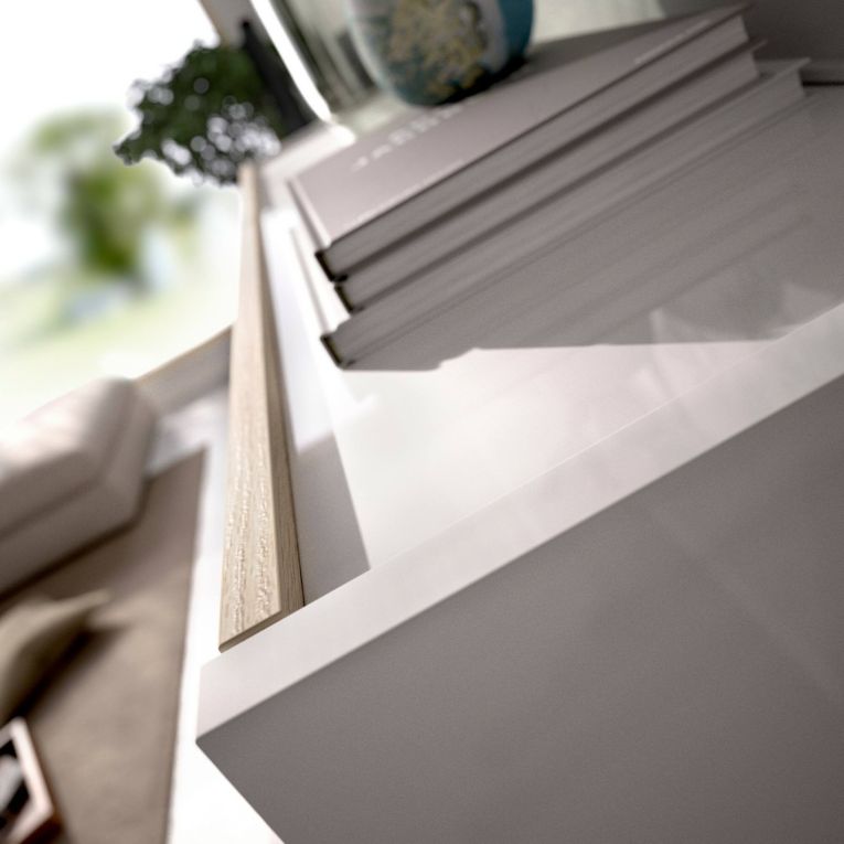 Parete attrezzata Adams, Set da soggiorno modulare ad angolo, Mobile salotto multiposizione con luce LED, 260x41h180 cm, Rovere e Bianco lucido