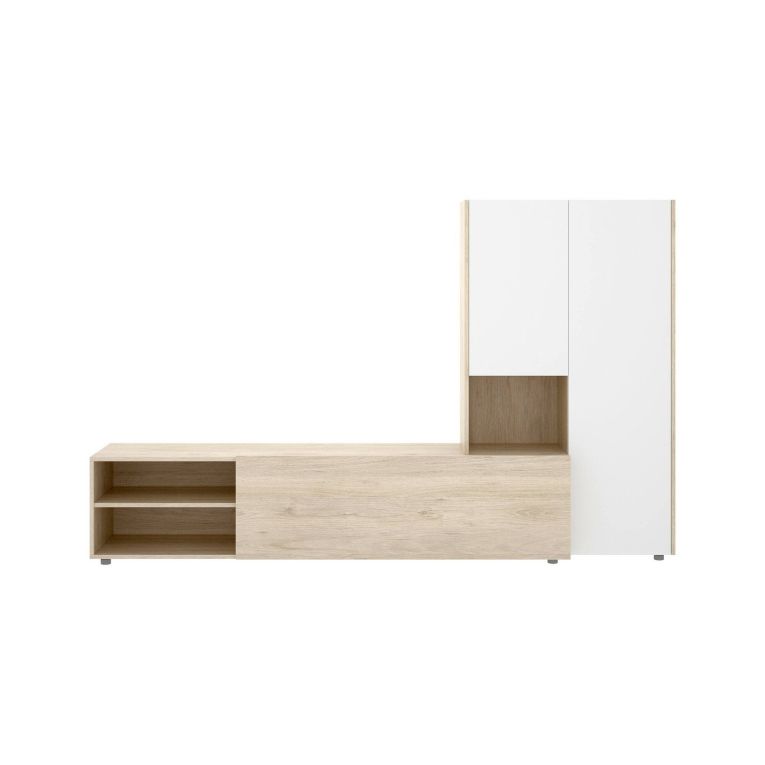 Parete attrezzata Ainos, Composizione soggiorno, Mobile salotto multiuso, Armadio porta TV, 227x40 h141 cm, Bianco e Rovere