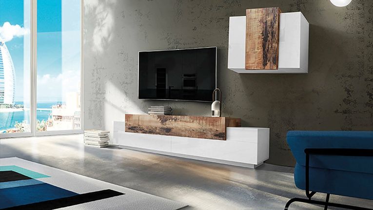 Parete attrezzata Alaskino, cm 240x45h180, Bianco lucido e Acero