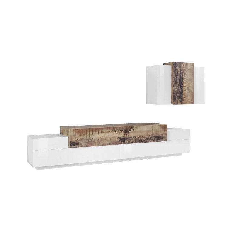 Parete attrezzata Alaskino, cm 240x45h180, Bianco lucido e Acero