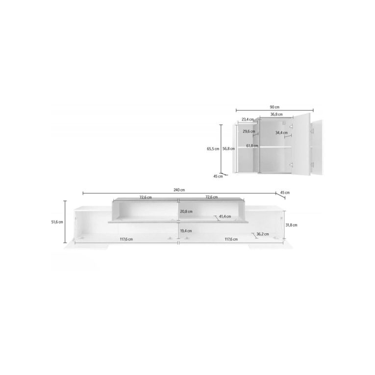 Parete attrezzata Alaskino, cm 240x45h180, Bianco lucido e Acero