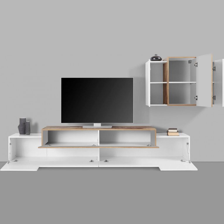 Parete attrezzata Alaskino, cm 240x45h180, Bianco lucido e Acero