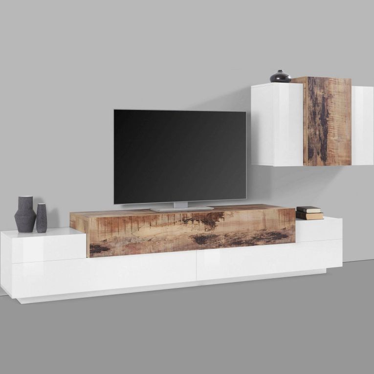 Parete attrezzata Alaskino, cm 240x45h180, Bianco lucido e Acero