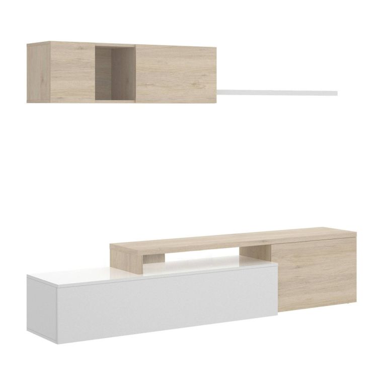 Parete attrezzata Baker, Set da soggiorno modulare ad angolo, Mobile salotto porta TV multiposizione, 201x41h180 cm, Bianco lucido e Rovere