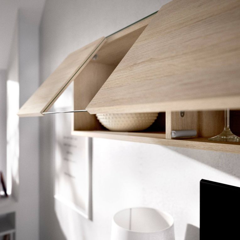 Parete attrezzata Baker, Set da soggiorno modulare ad angolo, Mobile salotto porta TV multiposizione, 201x41h180 cm, Bianco lucido e Rovere