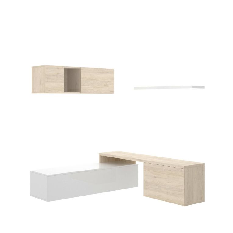 Parete attrezzata Baker, Set da soggiorno modulare ad angolo, Mobile salotto porta TV multiposizione, 201x41h180 cm, Bianco lucido e Rovere