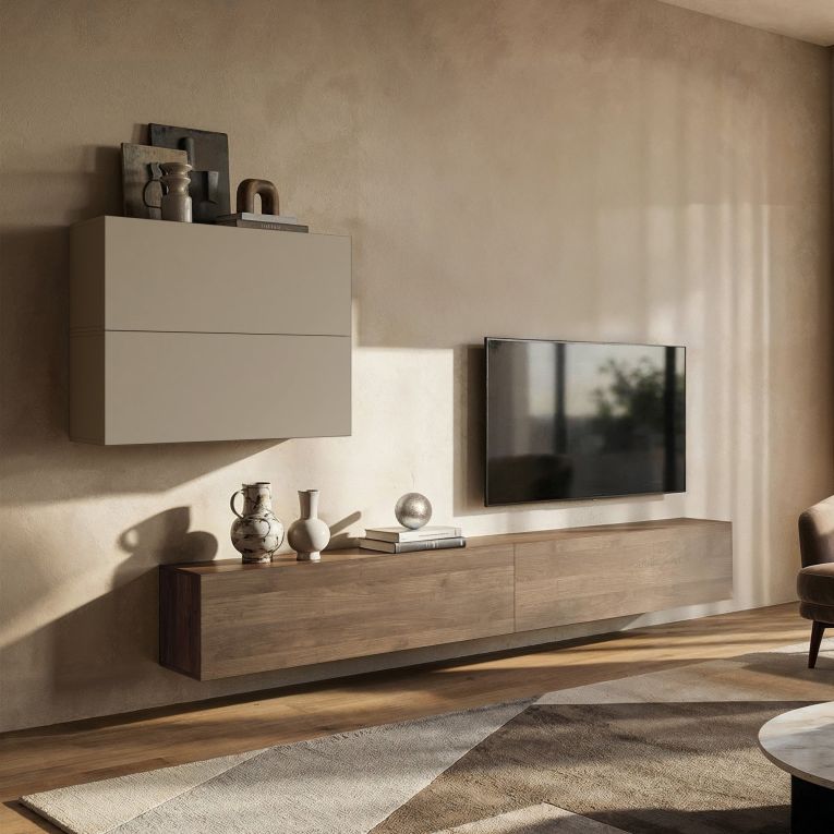 Parete Attrezzata Beige Marrone Noce 4 Ripiani Modulabile, Apertura Battente - Suisio