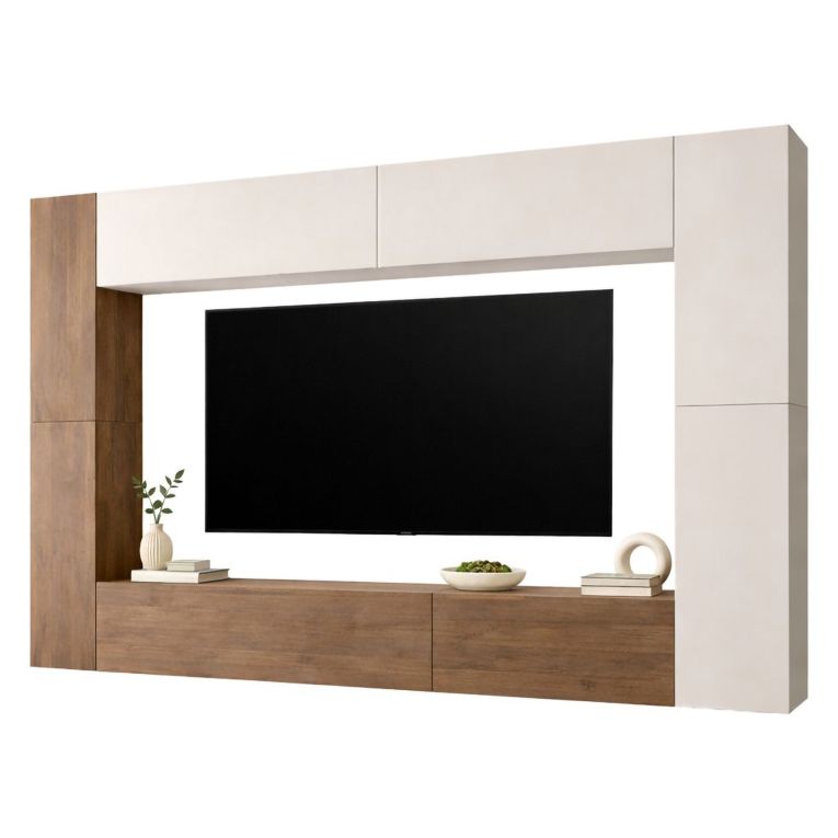 Parete Attrezzata Beige Marrone Noce 8 Ripiani Modulabile, Apertura Battente - Hadara