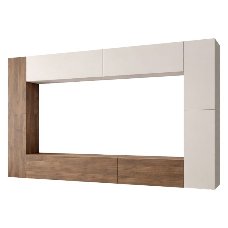 Parete Attrezzata Beige Marrone Noce 8 Ripiani Modulabile, Apertura Battente - Hadara