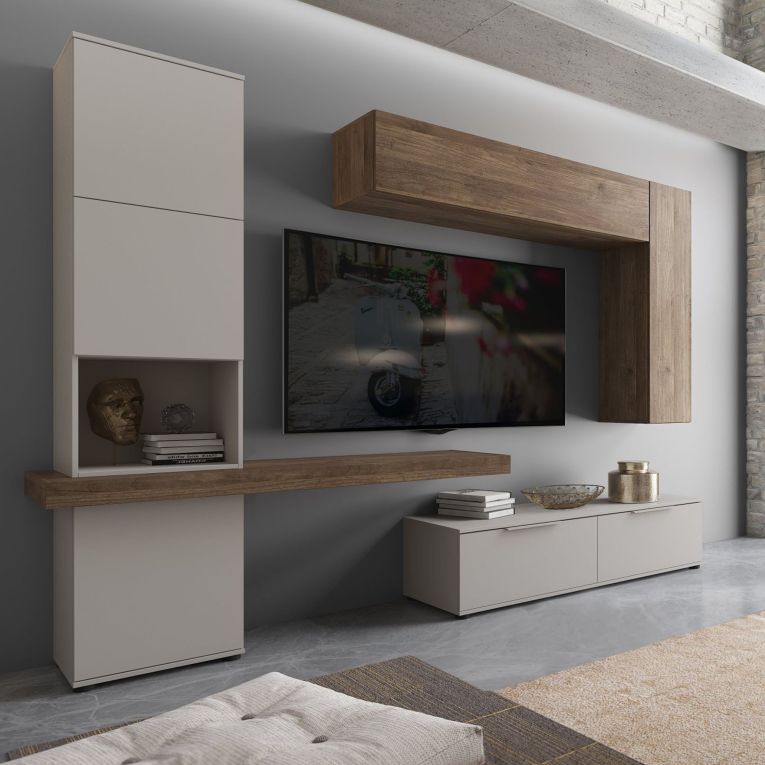 Parete Attrezzata Beige Marrone Noce Modulabile 2 Cassetti, 9 Ripiani - Riccia