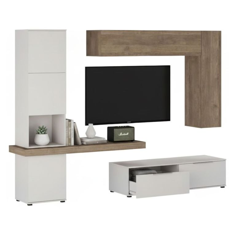 Parete Attrezzata Beige Marrone Noce Modulabile 2 Cassetti, 9 Ripiani - Riccia