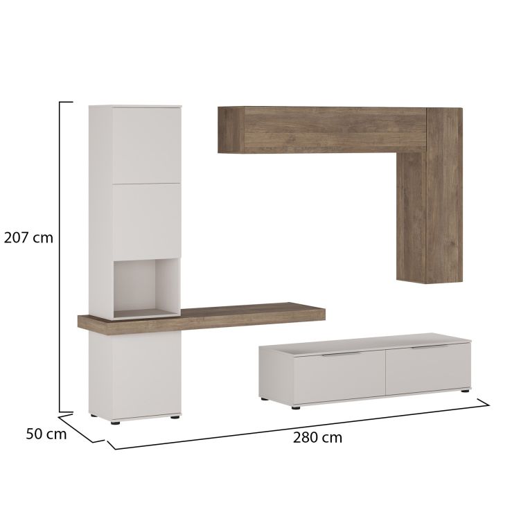 Parete Attrezzata Beige Marrone Noce Modulabile 2 Cassetti, 9 Ripiani - Riccia