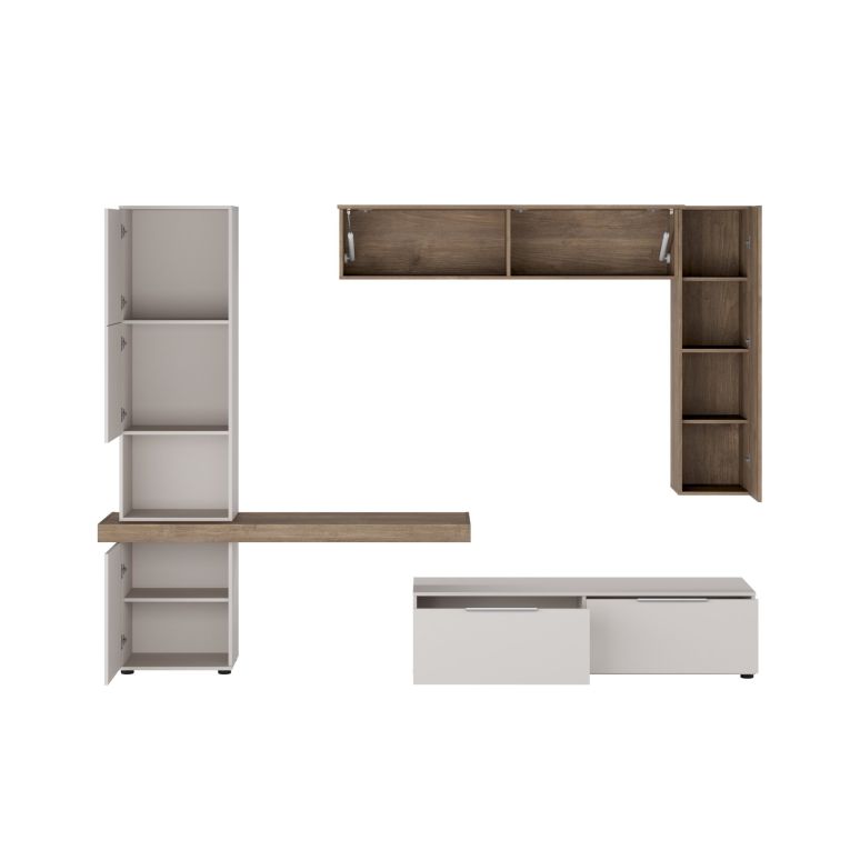 Parete Attrezzata Beige Marrone Noce Modulabile 2 Cassetti, 9 Ripiani - Riccia