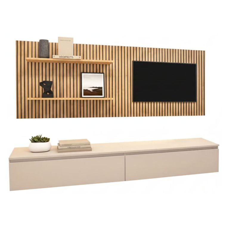 Parete Attrezzata Beige Marrone Rovere Modulabile Apertura Standard, set Componibile Made in Italy - Pollina