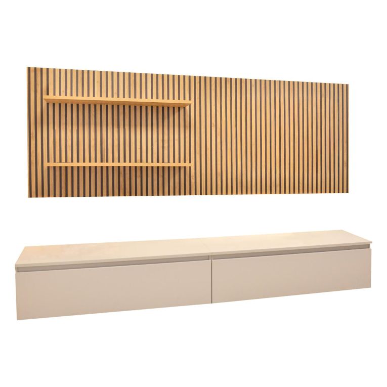 Parete Attrezzata Beige Marrone Rovere Modulabile Apertura Standard, set Componibile Made in Italy - Pollina