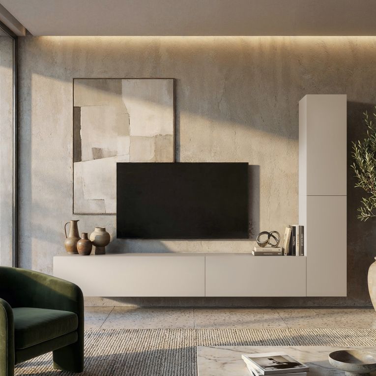 Parete Attrezzata Beige Modulabile 4 Ripiani, Apertura Battente - Gatafa