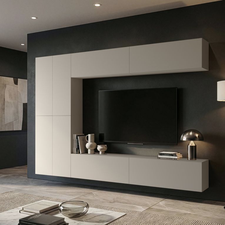 Parete Attrezzata Beige Modulabile 8 Ripiani, Apertura Battente - Gatira