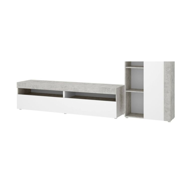 Parete attrezzata Beverin, Set da soggiorno componibile, Mobile salotto multiposizione, 265x42h180 cm, Bianco e Cemento