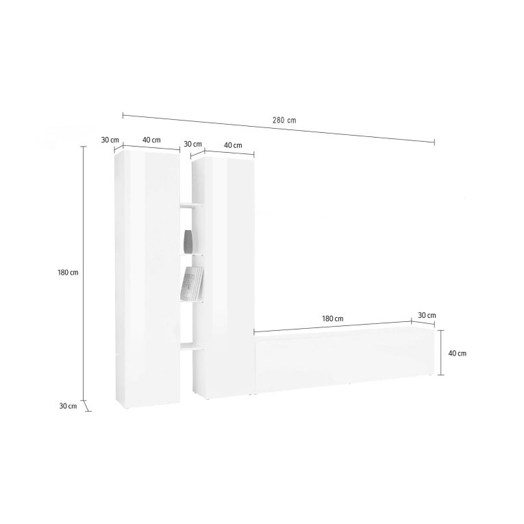 Parete Attrezzata Bianco 12 Ripiani Modulabile 280x30x180h cm, 12 Vani - Grado