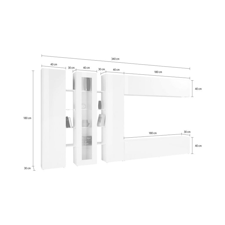Parete Attrezzata Bianco 20 Ripiani Modulabile 320x30x180h cm, 19 Vani - Bellino