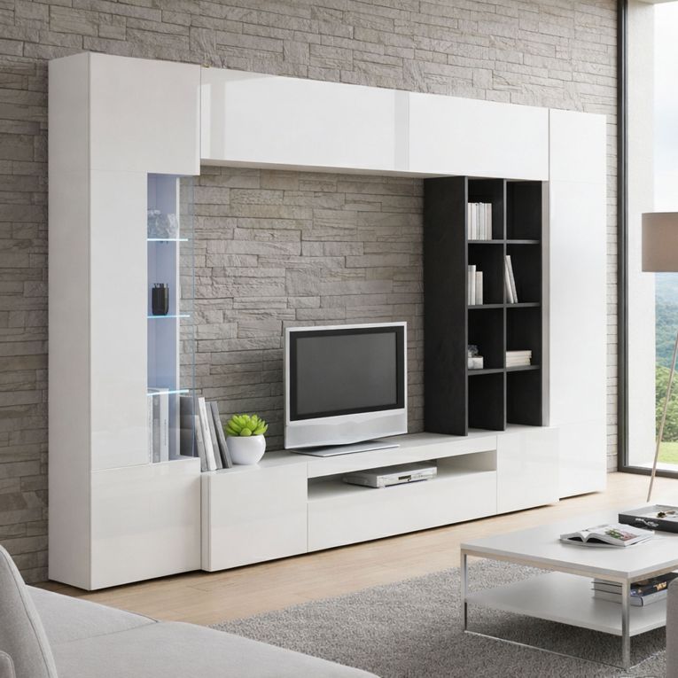 Parete Attrezzata Bianco 7 Ripiani Modulabile 290x40x192h cm, 16 Vani - Mazze