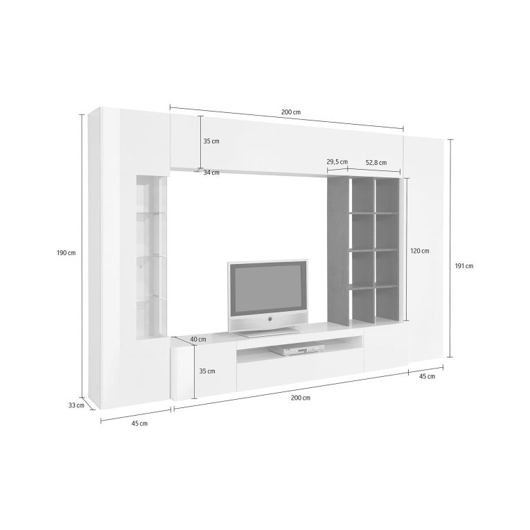 Parete Attrezzata Bianco 7 Ripiani Modulabile 290x40x192h cm, 16 Vani - Mazze