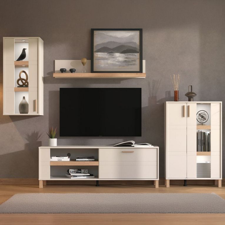Parete Attrezzata Bianco Crema Marrone Rovere Modulabile 7 Ripiani 289x40x181.5h cm, 9 Vani - Fallo