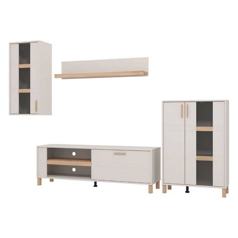 Parete Attrezzata Bianco Crema Marrone Rovere Modulabile 7 Ripiani 289x40x181.5h cm, 9 Vani - Fallo