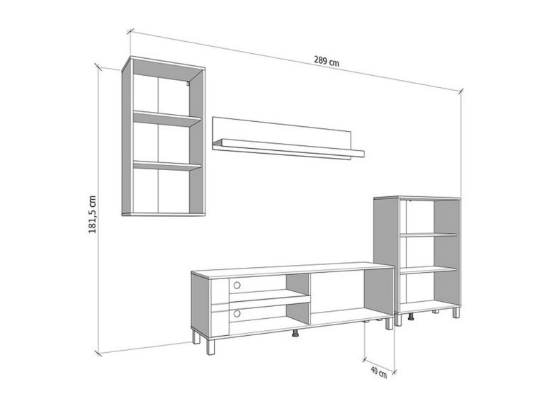 Parete Attrezzata Bianco Crema Marrone Rovere Modulabile 7 Ripiani 289x40x181.5h cm, 9 Vani - Fallo