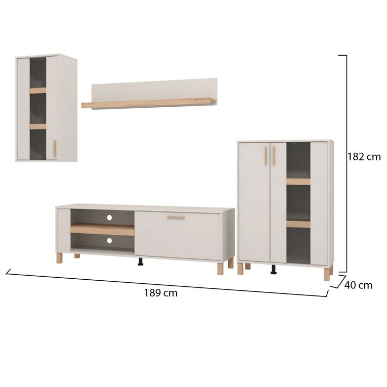 Parete Attrezzata Bianco Crema Marrone Rovere Modulabile 7 Ripiani 289x40x181.5h cm, 9 Vani - Fallo