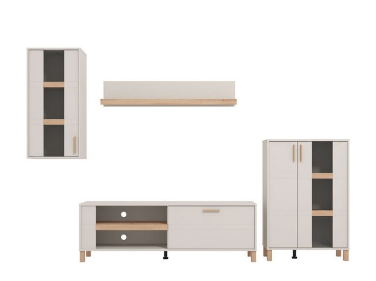 Parete Attrezzata Bianco Crema Marrone Rovere Modulabile 7 Ripiani 289x40x181.5h cm, 9 Vani - Fallo