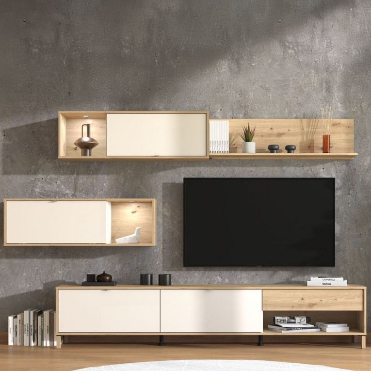 Parete Attrezzata Bianco Crema Marrone Rovere Nodi 5 Ripiani un Cassetto 234x40x178h cm, Modulabile - Alunzio