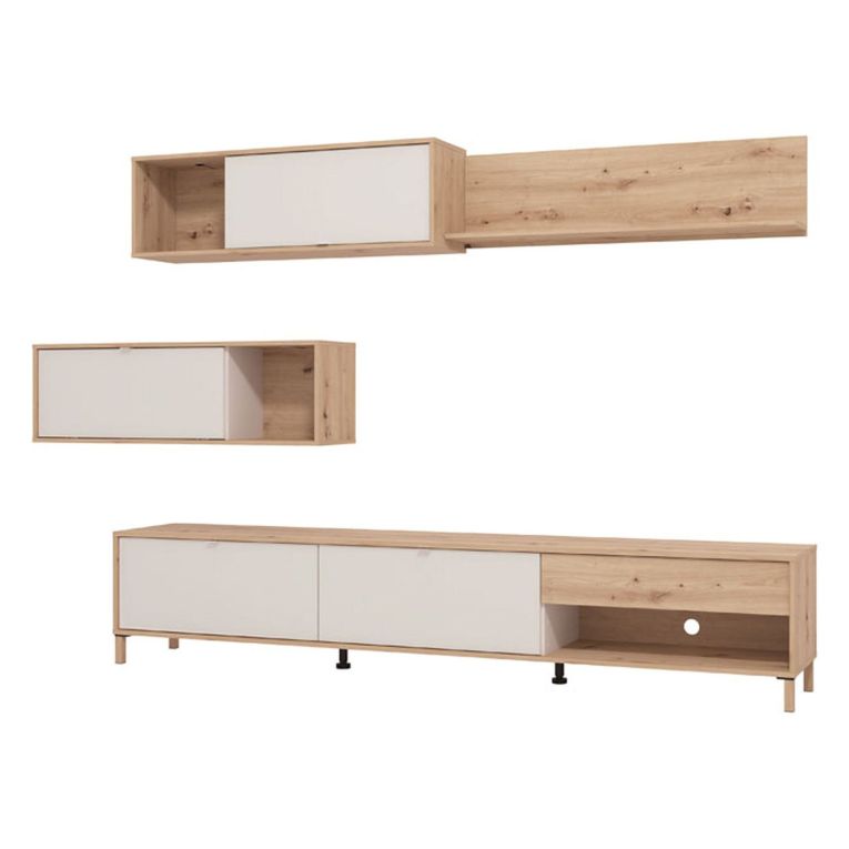 Parete Attrezzata Bianco Crema Marrone Rovere Nodi 5 Ripiani un Cassetto 234x40x178h cm, Modulabile - Alunzio