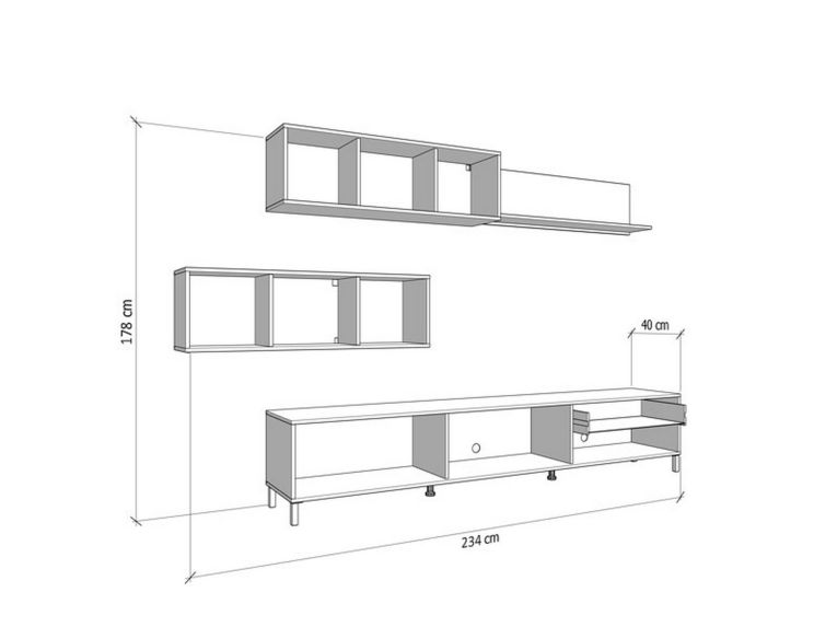 Parete Attrezzata Bianco Crema Marrone Rovere Nodi 5 Ripiani un Cassetto 234x40x178h cm, Modulabile - Alunzio
