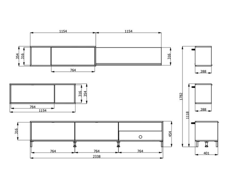 Parete Attrezzata Bianco Crema Marrone Rovere Nodi 5 Ripiani un Cassetto 234x40x178h cm, Modulabile - Alunzio