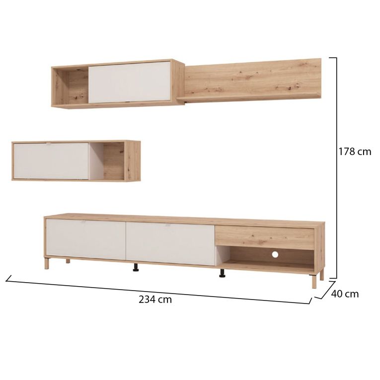 Parete Attrezzata Bianco Crema Marrone Rovere Nodi 5 Ripiani un Cassetto 234x40x178h cm, Modulabile - Alunzio