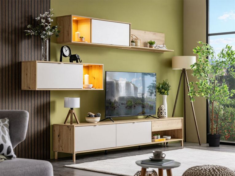 Parete Attrezzata Bianco Crema Marrone Rovere Nodi 5 Ripiani un Cassetto 234x40x178h cm, Modulabile - Alunzio