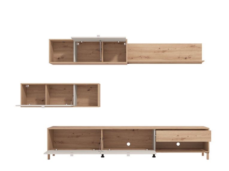 Parete Attrezzata Bianco Crema Marrone Rovere Nodi 5 Ripiani un Cassetto 234x40x178h cm, Modulabile - Alunzio