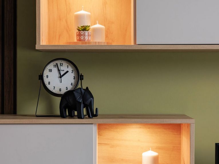 Parete Attrezzata Bianco Crema Marrone Rovere Nodi 5 Ripiani un Cassetto 234x40x178h cm, Modulabile - Alunzio