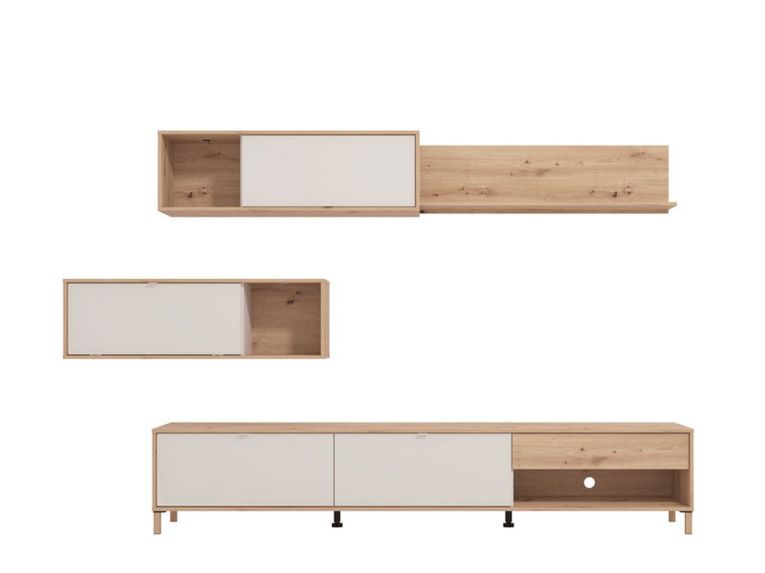 Parete Attrezzata Bianco Crema Marrone Rovere Nodi 5 Ripiani un Cassetto 234x40x178h cm, Modulabile - Alunzio