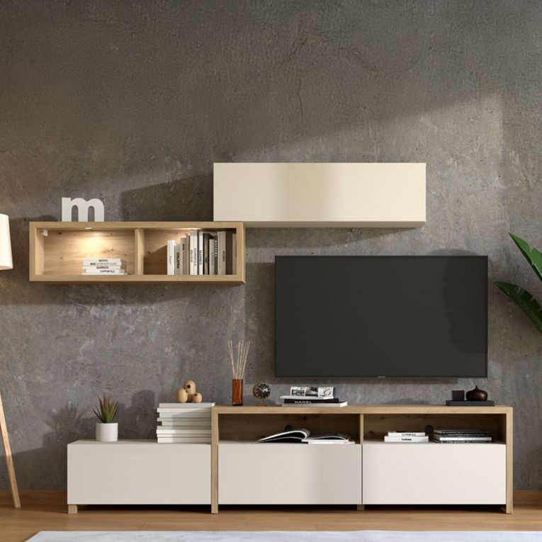 Parete Attrezzata Bianco Crema Marrone Rovere Nodi 6 Ripiani Modulabile 237.5x41.5x160.5h cm, 9 Vani - Tiana
