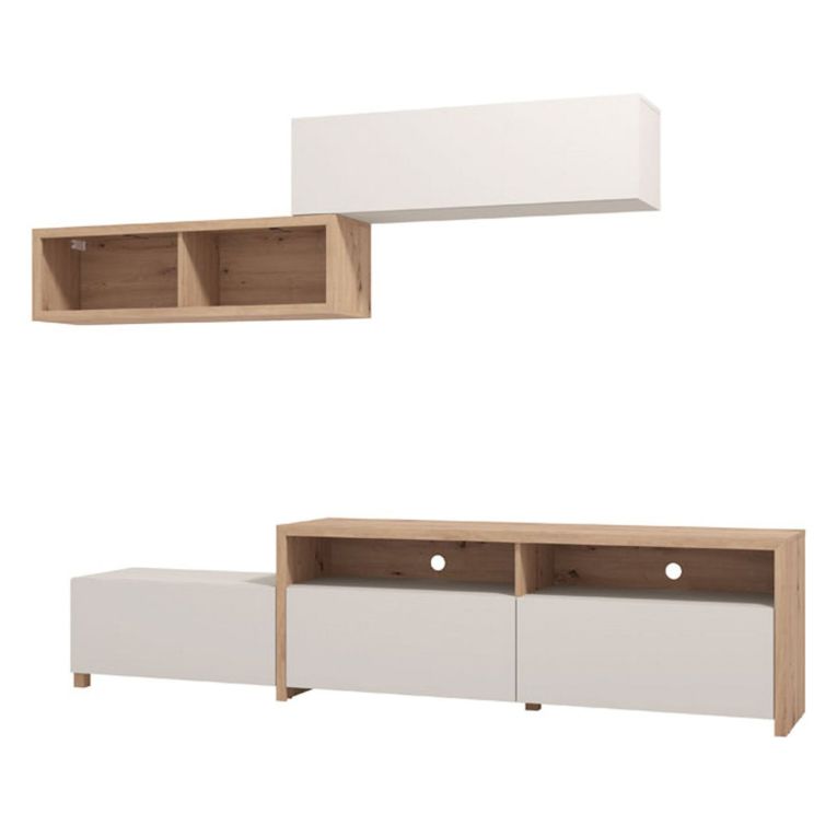 Parete Attrezzata Bianco Crema Marrone Rovere Nodi 6 Ripiani Modulabile 237.5x41.5x160.5h cm, 9 Vani - Tiana