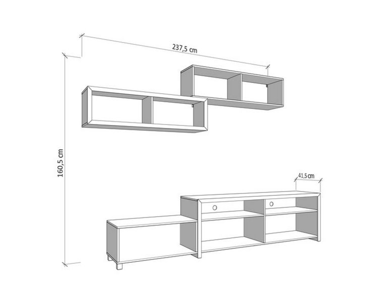 Parete Attrezzata Bianco Crema Marrone Rovere Nodi 6 Ripiani Modulabile 237.5x41.5x160.5h cm, 9 Vani - Tiana