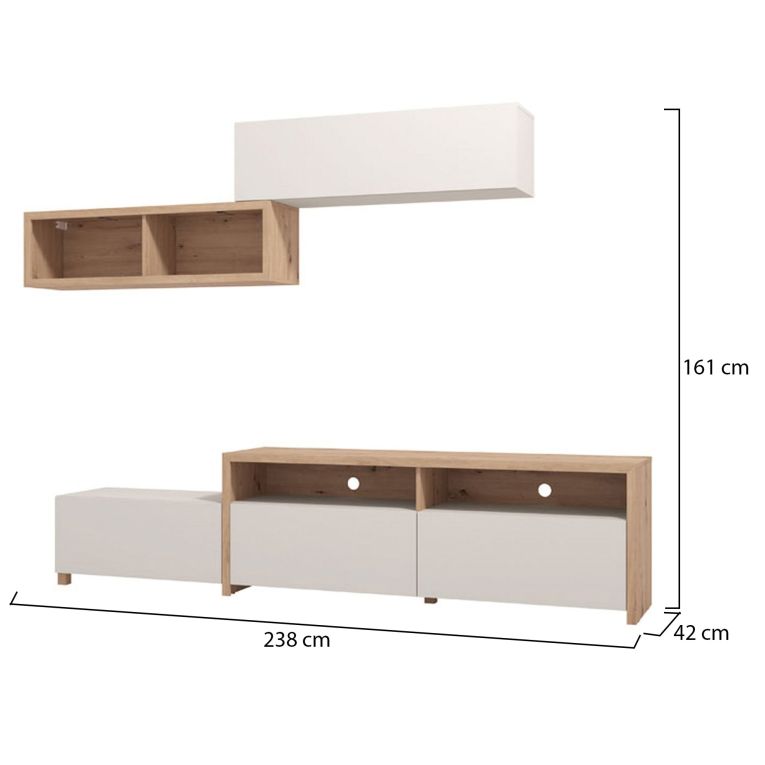 Parete Attrezzata Bianco Crema Marrone Rovere Nodi 6 Ripiani Modulabile 237.5x41.5x160.5h cm, 9 Vani - Tiana