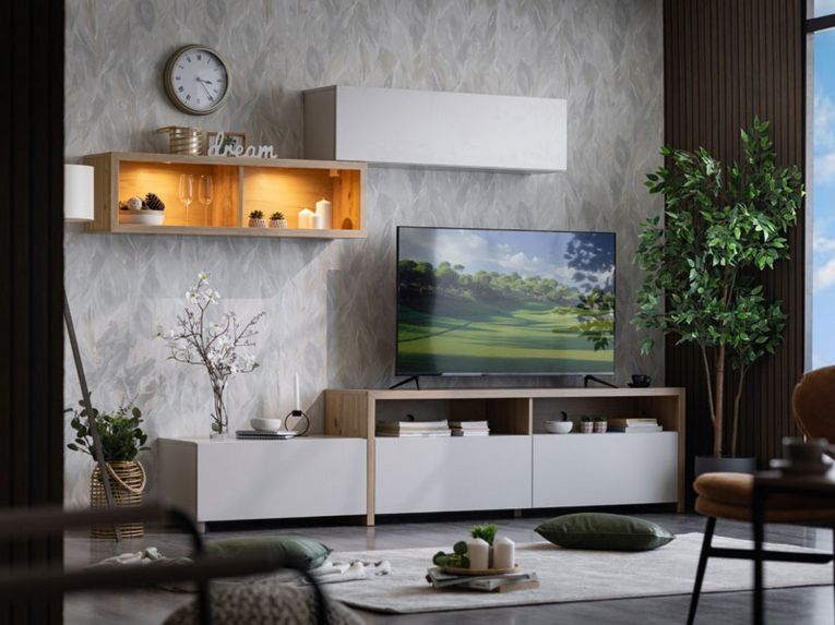 Parete Attrezzata Bianco Crema Marrone Rovere Nodi 6 Ripiani Modulabile 237.5x41.5x160.5h cm, 9 Vani - Tiana