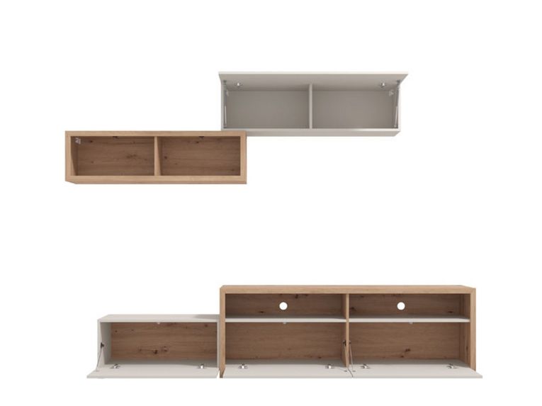 Parete Attrezzata Bianco Crema Marrone Rovere Nodi 6 Ripiani Modulabile 237.5x41.5x160.5h cm, 9 Vani - Tiana