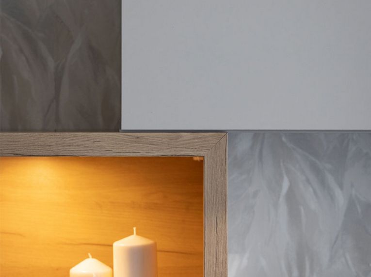 Parete Attrezzata Bianco Crema Marrone Rovere Nodi 6 Ripiani Modulabile 237.5x41.5x160.5h cm, 9 Vani - Tiana