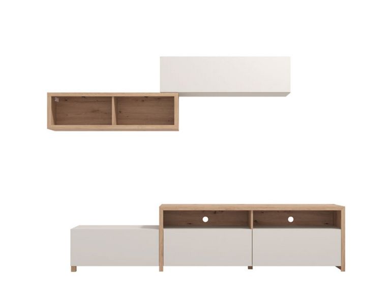 Parete Attrezzata Bianco Crema Marrone Rovere Nodi 6 Ripiani Modulabile 237.5x41.5x160.5h cm, 9 Vani - Tiana