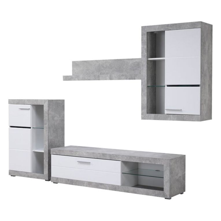 Parete Attrezzata Bianco Grigio Cemento 10 Ripiani 3 Ante 266.5x41.5x186h cm, Ripiani in Vetro - Dongo
